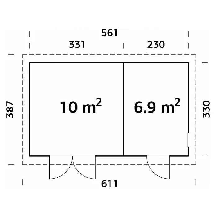 Palmako Caseta de jardín Kalle - Medidas ext. (An x Pr): 611 x 387 cm, Madera, Natural - Plano de planta de un edificio con dos habitaciones (10 m² y 6,9 m²), dimensiones exteriores: 561 x 387, lado de la puerta: 611, con dimensiones detalladas.