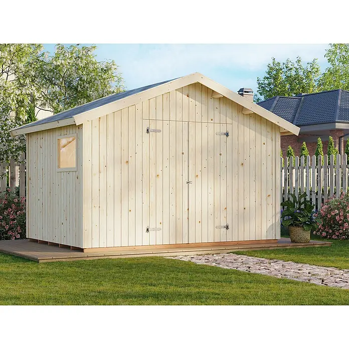 Palmako Caseta de jardín Nils - Medidas ext. (An x Pr): 392 x 289 cm, Madera, Natural - Un cobertizo de jardín de madera clara con puertas dobles y una pequeña ventana, rodeado de vegetación y un camino de piedra. Ideal para guardar.