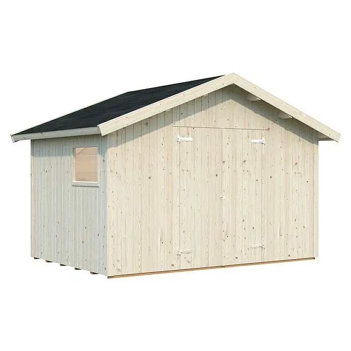 Palmako Caseta de jardín Nils - Medidas ext. (An x Pr): 392 x 289 cm, Madera, Natural - Primer plano de un cobertizo de madera clara con un techo oscuro, con una construcción simple de ventana y puerta.
