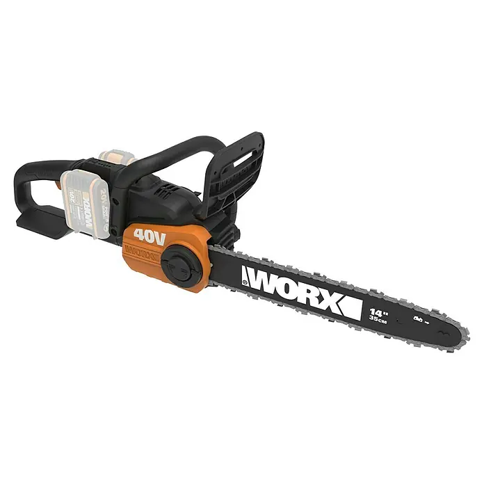 Worx PowerShare 20V Akku-Kettensäge WG384E.9 - Akkuspannung: 40 V, Li-Ionen, Ohne Akku, 35 cm - Die Worx 40V Akku-Kettensäge bietet kabellose Freiheit und Leistung für müheloses Schneiden von Ästen und kleinen Bäumen.
