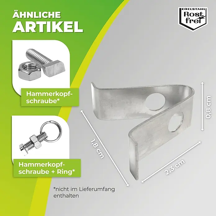 BioGreen Montageklammer V-Haken - 10 Stk., Passend für: Alle gängigen Gewächshaus Profile - Produktbild einer gebogenen Metallschiene mit Löchern und Größenangaben.