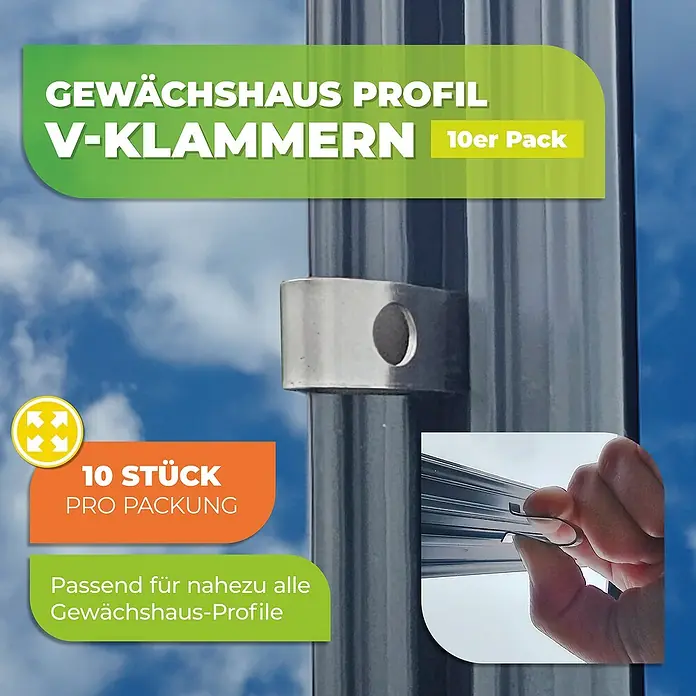 BioGreen Montageklammer V-Haken - 10 Stk., Passend für: Alle gängigen Gewächshaus Profile - Abbildung von Gewächshausprofil V-Klammern im 10er-Pack, passend für nahezu alle Gewächshaus-Profile.