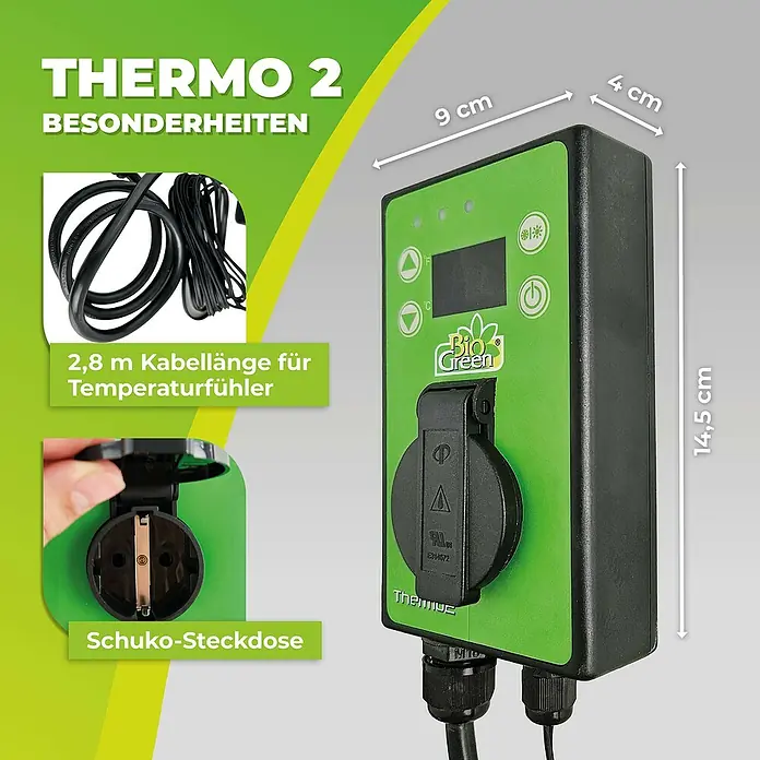 BioGreen Thermostat Thermo2 Digital - Heizen/Lüften - Produktbild des Thermo 2 Temperaturreglers von Bio Green mit Produktinformationen und Größenangaben.