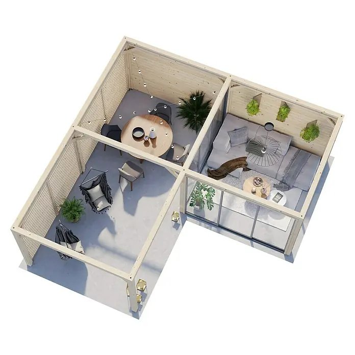 Palmako Caseta de jardín Lenna Set 411 Slide - Medidas ext. (An x Pr): 628 x 628 cm, Madera, Natural - Vista de una moderna casa de jardín con áreas de estar, comedor y relajación, elegantemente amueblada con muebles y plantas.