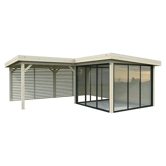 Palmako Caseta de jardín Lenna Set 711 Slide Plus - Medidas ext. (An x Pr): 628 x 628 cm, Madera, Natural - La imagen muestra un pabellón de esquina con una zona abierta y una sección cerrada, ideal para jardines. La estructura está hecha de madera clara.