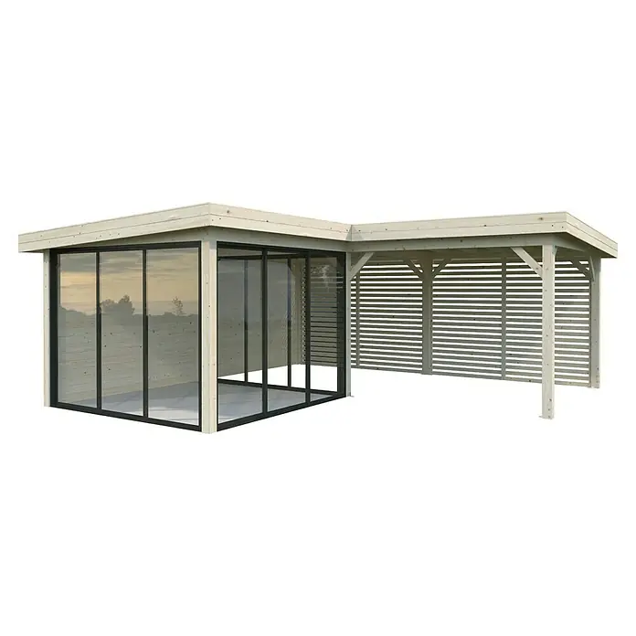 Palmako Caseta de jardín Lenna Set 711 Slide Plus - Medidas ext. (An x Pr): 628 x 628 cm, Madera, Natural - Imagen de un elegante salón de jardín con área cerrada y cenador abierto, perfecto para la relajación al aire libre.
