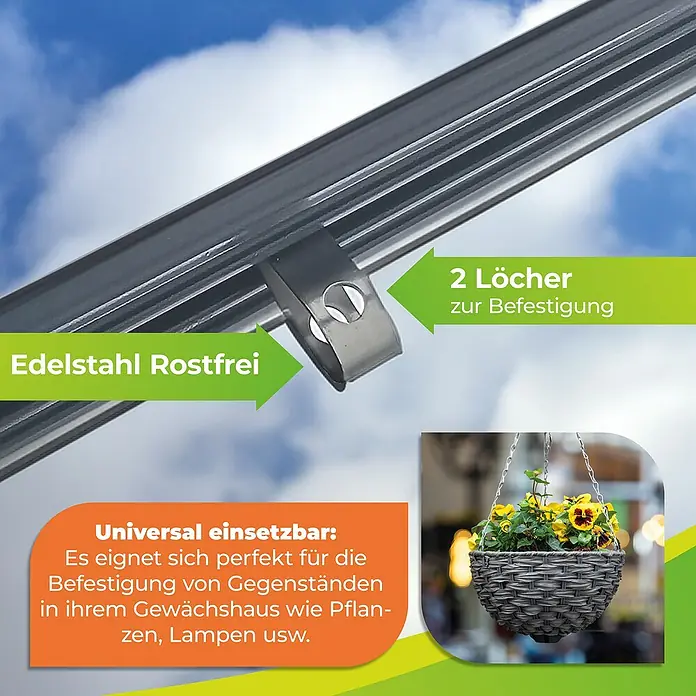BioGreen Montageklammer V-Haken - 10 Stk., Passend für: Alle gängigen Gewächshaus Profile - Produktbild eines Universalbefestigungsclips aus Edelstahl mit zwei Löchern zur Befestigung im Gewächshaus.