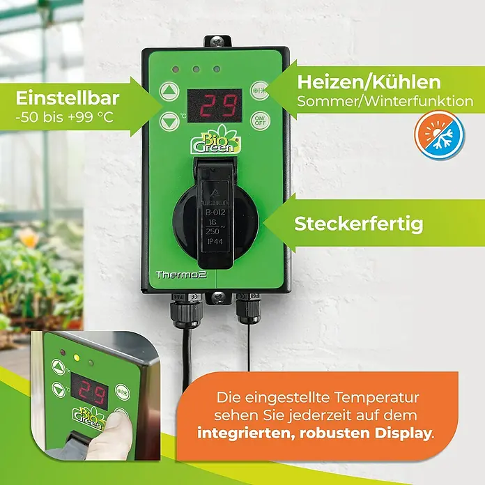BioGreen Thermostat Thermo2 Digital - Heizen/Lüften - Das Bio Green Thermo2 Thermostat für Gewächshäuser ist einstellbar von -50 bis +99°C, steckerfertig und mit Heiz-/Kühlfunktion.