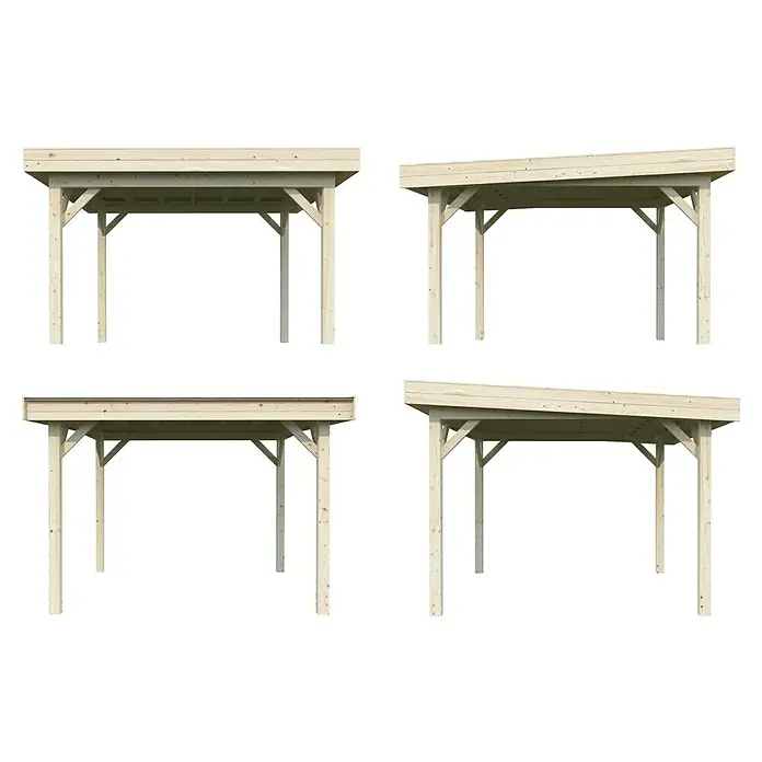 Palmako Pérgola estándar Lenna Set M - L x An: 340 x 340 cm, Madera, Natural - Cuatro vistas de una cochera de madera con diferentes estilos de techo, presentadas sobre un fondo negro.