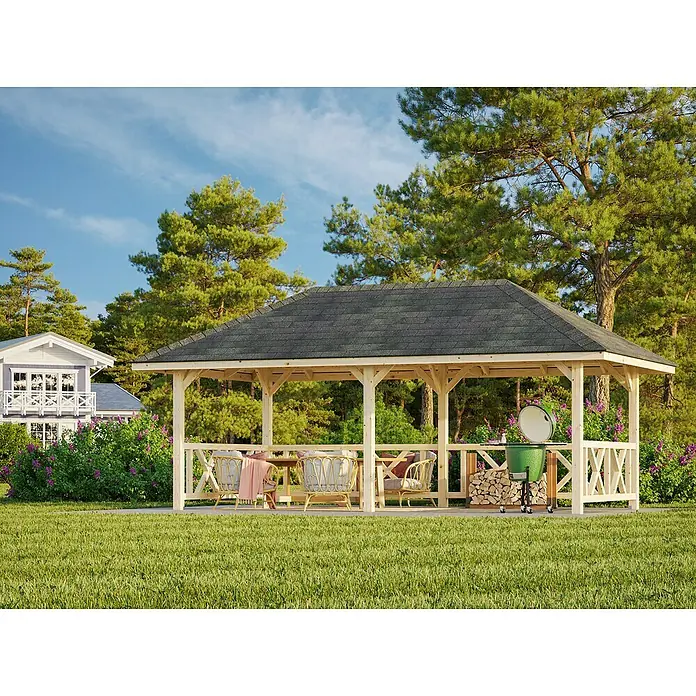 Palmako Pérgola estándar Bianca Set 107 - L x An: 672 x 384 cm, Madera, Natural - Atractivo gazebo con parrilla y área de descanso en un jardín bien cuidado. Ideal para relajarse al aire libre con familia y amigos.