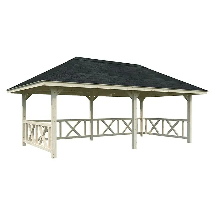 Palmako Pérgola estándar Bianca Set 107 - L x An: 672 x 384 cm, Madera, Natural - Una imagen detallada de un elegante cenador de madera con techo oscuro, perfecto para cualquier jardín.