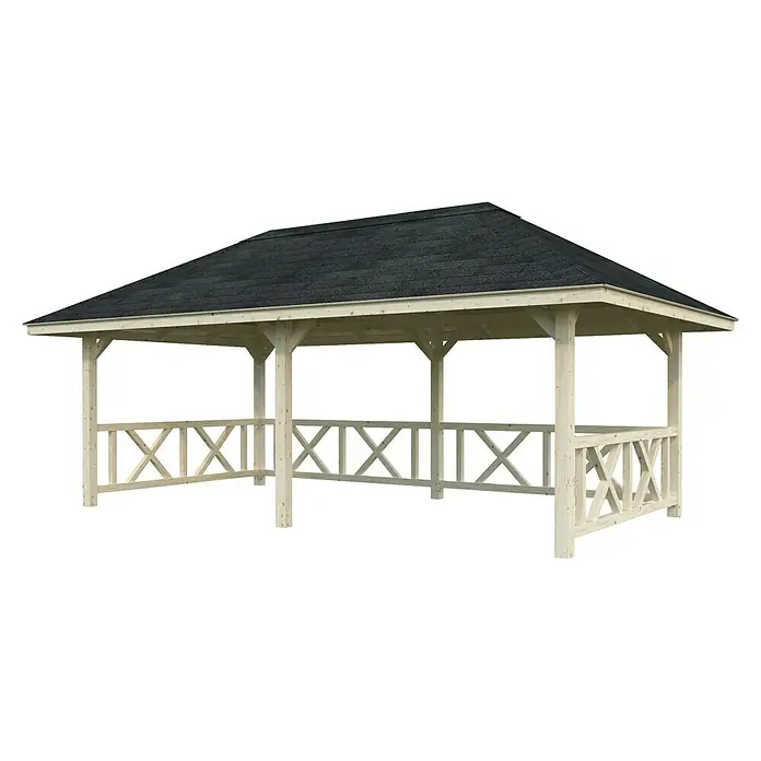 Palmako Pérgola estándar Bianca Set 107 - L x An: 672 x 384 cm, Madera, Natural - Glorieta de madera con techo oscuro. La glorieta tiene una barandilla en forma de X alrededor y es un verdadero atractivo en el jardín.