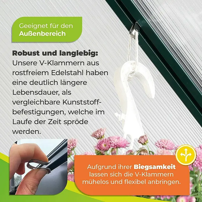 BioGreen Montageklammer V-Haken - 10 Stk., Passend für: Alle gängigen Gewächshaus Profile - Vielseitige V-Klammern aus rostfreiem Edelstahl für den Außenbereich, langlebig und flexibel anbringbar. Ideal für Gewächshäuser und Gärten.