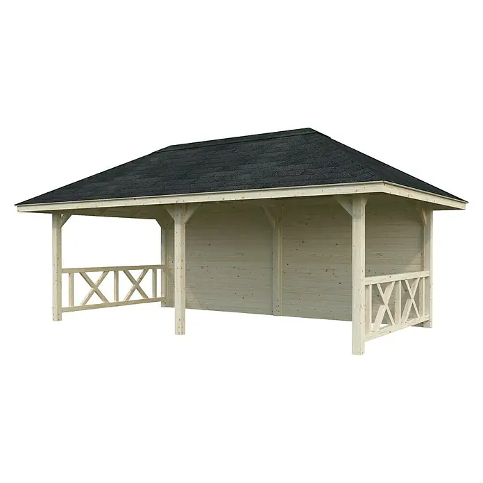 Palmako Pérgola estándar Bianca Set 108 - L x An: 672 x 384 cm, Madera, Natural - Imagen de una pérgola de madera con techo oscuro. La caseta de jardín ofrece una zona cubierta y es perfecta para uso exterior.