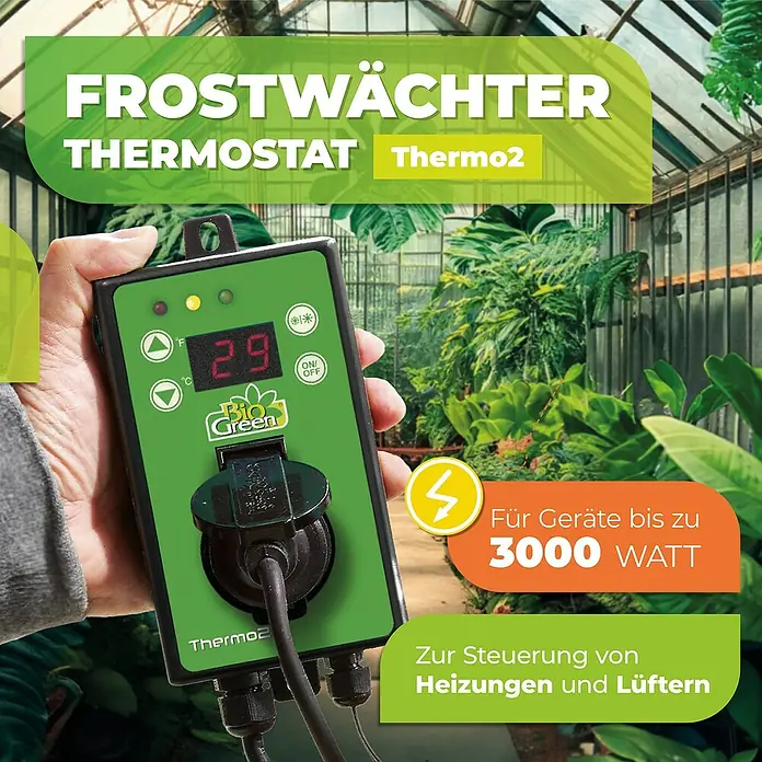 BioGreen Thermostat Thermo2 Digital - Heizen/Lüften - Nahaufnahme eines Bio Green Thermo2 Thermostats für Heizungen und Lüfter, das bis zu 3000 Watt unterstützt.