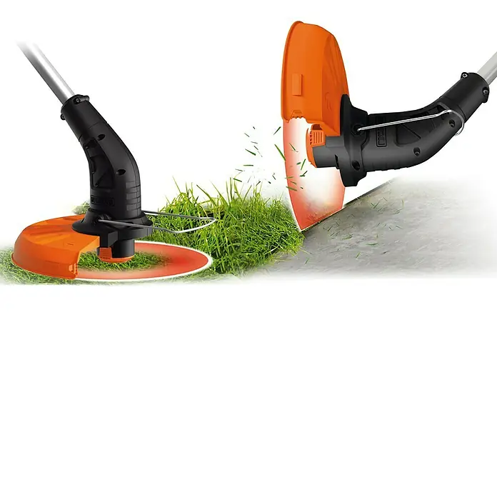 Worx PowerShare 20V Akku-Rasentrimmer WG157E.9 - 20 V, Li-Ionen, Ohne Akku - Nahaufnahme von zwei Rasentrimmern mit orangefarbenen Schutzvorrichtungen, die Gras schneiden und einen sauberen Rasen hinterlassen.