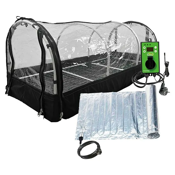 BioGreen Zimmergewächshaus mit Heizmatte & Digitalthermostat Jumbo XXL - 130 x 60 x 50 cm - Das Bild zeigt ein Indoor-Gewächshaus-Set mit Temperaturregler und Heizmatte für die Pflanzenanzucht.