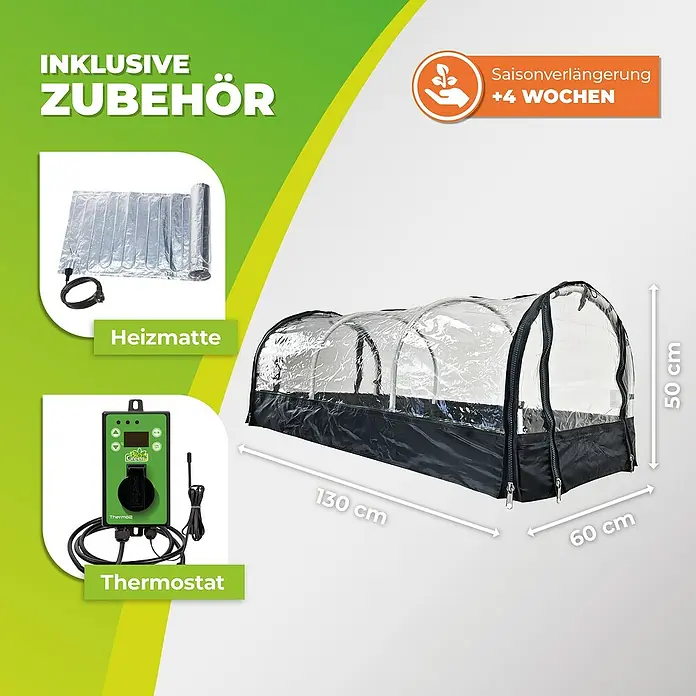 BioGreen Zimmergewächshaus mit Heizmatte & Digitalthermostat Jumbo XXL - 130 x 60 x 50 cm - Das Bild zeigt ein Gewächshaus-Set mit Heizmatte und Thermostat. Das Set verlängert die Saison um +4 Wochen.