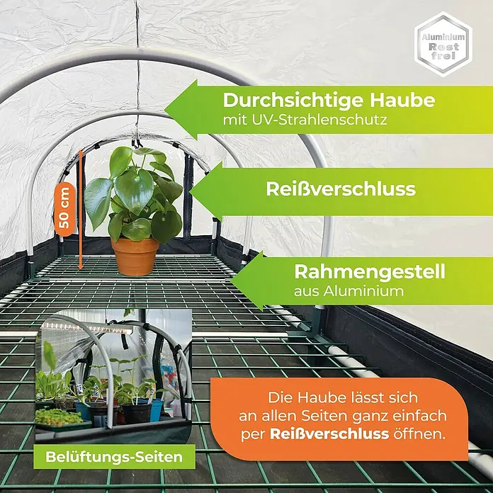 BioGreen Zimmergewächshaus mit Heizmatte & Digitalthermostat Jumbo XXL - 130 x 60 x 50 cm - Gewächshaus mit durchsichtiger Haube, Reißverschluss, Aluminiumrahmen und Belüftungsseiten für optimale Pflanzenzucht.