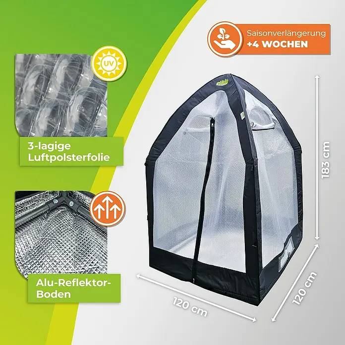 BioGreen Winterschutzzelt Icedome ThermoPLUS Deluxe - 120 x 120 x 183 cm, Kunststoff - Abbildung eines schwarzen Gewächshauses mit den Maßen 120x120x183 cm, das mit einer dreilagigen Luftpolsterfolie und einem Alu-Reflektor-Boden ausgestattet ist.