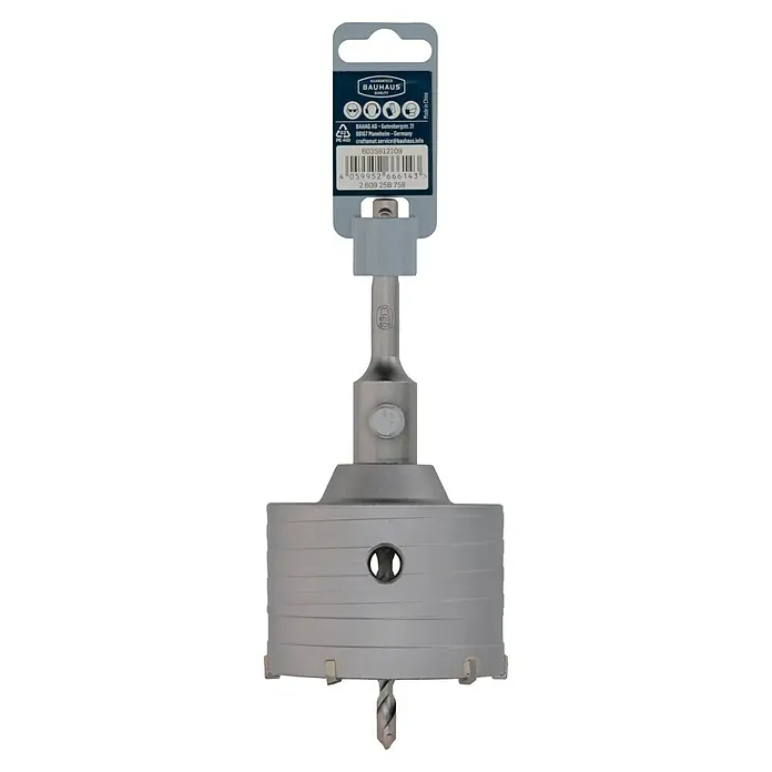 Craftomat Bohrkrone - Durchmesser Bohrer: 82 mm - Abgebildet ist eine Lochsäge von Bauhaus mit einem Bohrer in der Mitte. Ideal zum präzisen Bohren von Löchern in verschiedene Materialien.
