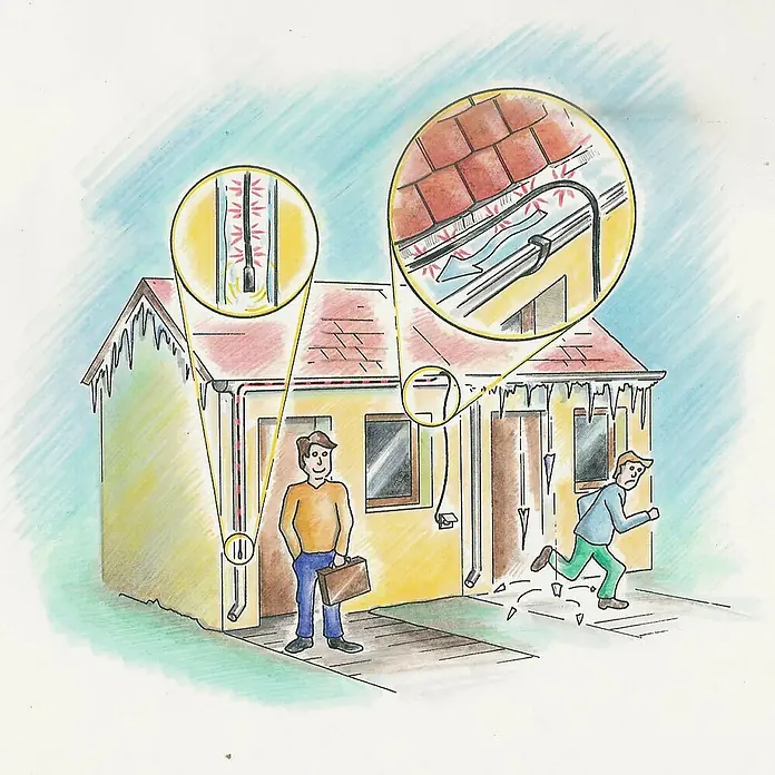 BioGreen Winterschutz Frostschutzkabel - 10 m - Illustration eines Hauses mit Dachrinnenheizkabel, das Eisbildung verhindert, während eine Person wegrennt.