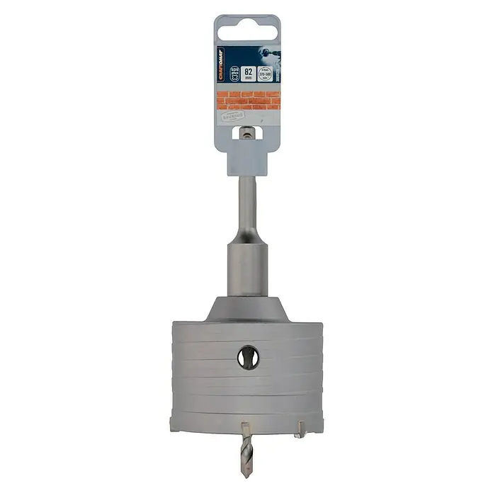 Craftomat Bohrkrone - Durchmesser Bohrer: 82 mm - Das Bild zeigt eine 82-mm-SDS-plus-Bohrkrone von Craftomat, ideal für präzise Bohrlöcher in Mauerwerk und Stein. Hochwertig und robust für den professionellen Einsatz.