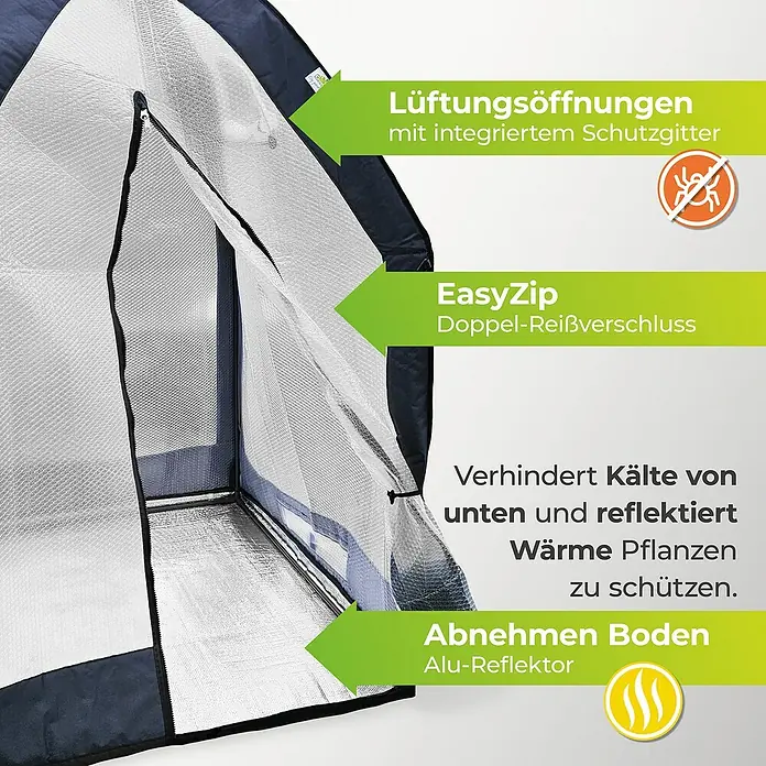 BioGreen Winterschutzzelt Icedome ThermoPLUS Deluxe - 120 x 120 x 183 cm, Kunststoff - Bild eines Gewächshauses mit Lüftungsöffnungen, Reißverschluss und abnehmbarem Boden mit Alu-Reflektor zur Wärmereflektion.