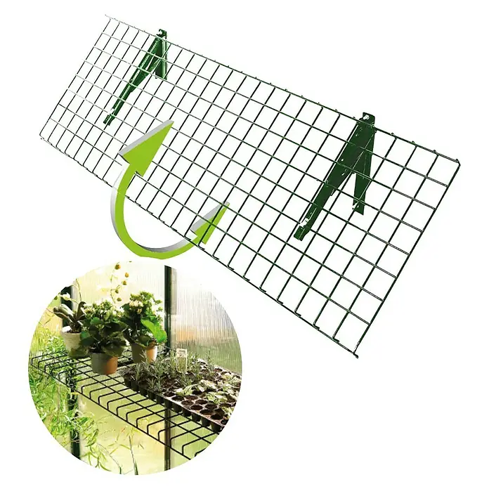 BioGreen Gewächshaus-Tisch Bruno - 40 x 120 cm, Klappbar - Das Bild zeigt ein drehbares Gitterregal, ideal für Pflanzen in Gewächshäusern, das eine flexible Raumnutzung und Anordnung ermöglicht.