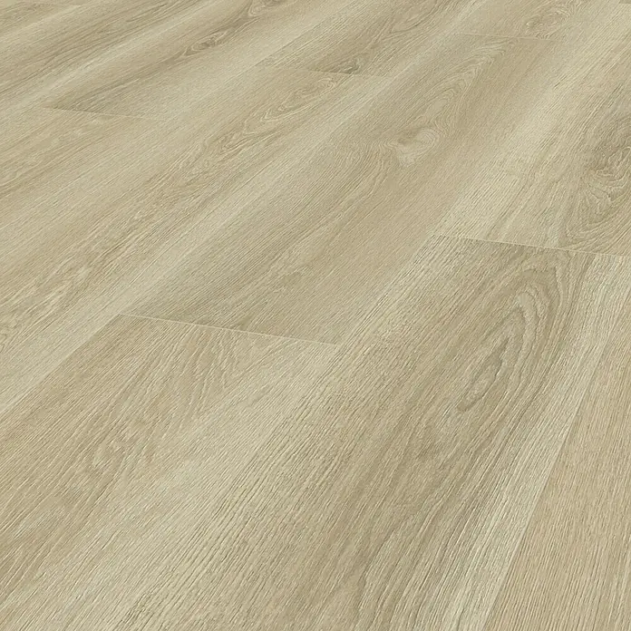 LOGOCLIC Vinto Laminatmuster Memphis - 300 x 195 x 8 mm, Landhausdiele - Nahaufnahme von Vinylbodenbelägen, die ein helles Holzimitat zeigen. Sie verleihen jedem Raum eine warme und einladende Note.