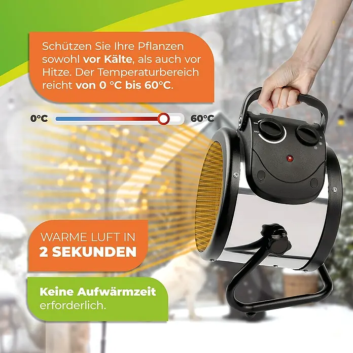 BioGreen Gewächshaus-Heizung Palma inkl. digitalem Thermostat - 28 x 19,5 x 31,5 cm, Heizleistung: 2.000 W - Diese Heizung schützt Ihre Pflanzen vor Kälte und Hitze. Mit Temperatureinstellung von 0°C bis 60°C und ohne Aufwärmzeit.