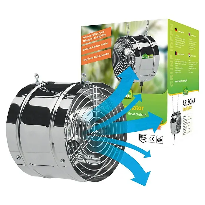 BioGreen Gewächshaus-Lüfter Arizona - Max. Luftleistung: 430 m³/h - Produktbild eines Bio Green Arizona Ventilators aus Edelstahl mit Kettenvorrichtung und integriertem Schalter für Gewächshäuser.