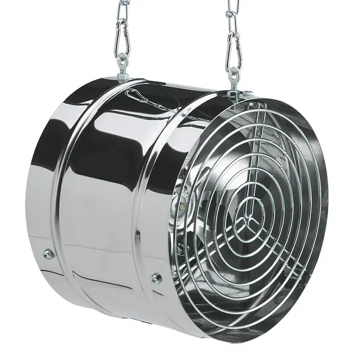 BioGreen Gewächshaus-Lüfter Arizona - Max. Luftleistung: 430 m³/h - Silberner Rohrventilator mit Schutzgitter und Kettenaufhängung, ideal für Belüftungszwecke.