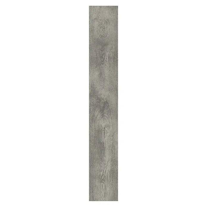 LOGOCLIC Family Laminatmuster Sintra - 300 x 195 x 7 mm, Landhausdiele - Nahaufnahme einer grauen Holzpaneele mit markanter Maserung und Astlöchern. Perfekt für rustikale Innenraumgestaltung.