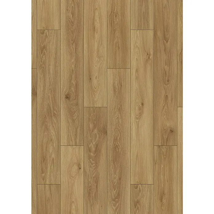 Laminat - Comet Eiche, Landhausdiele, 1.288 x 195 x 8 mm - Bild eines hellbraunen Laminatbodens mit Holzmuster. Das Laminat hat eine natürliche Holzoptik und ist in Dielen verlegt.