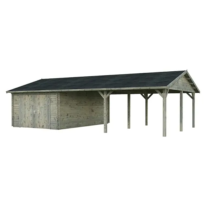 Palmako Garage Roger - Außenmaß inkl. Dachüberstand (B x T): 1.006 x 619 cm, Grau, Holz, 19 m², Mit Tor - Ein geräumiger Holzschuppen mit Doppeltüren und einem überdachten Bereich, ideal für Lagerung und Schutz vor Witterungseinflüssen.