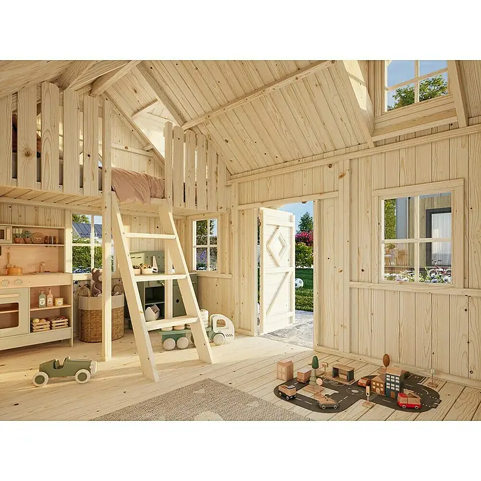 Palmako Caseta infantil Marie con altillo - L x An x Al: 286 x 193 x 234 cm, Madera, Marróm - Casa de juegos de madera para niños con escalera, juguetes y ventanas para juegos imaginativos.