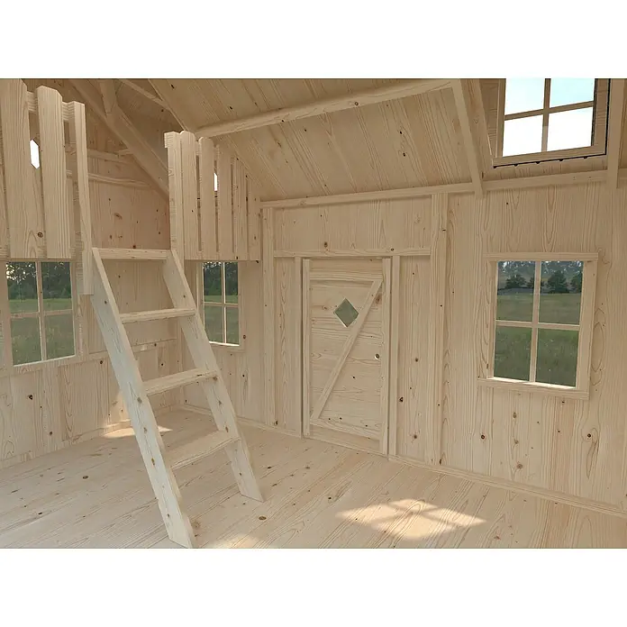 Palmako Caseta infantil Marie con altillo - L x An x Al: 286 x 193 x 234 cm, Madera, Marróm - Vista interior de una casita de madera con escalera, ventana y puerta, creando un espacio rústico y acogedor para que jueguen los niños.