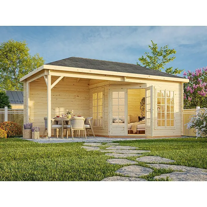 Palmako Caseta de jardín Melanie - Medidas ext. (An x Pr): 599 x 322 cm, Madera, Natural, 20 m² - Caseta de jardín de madera con terraza cubierta, ideal para relajarse y disfrutar de la naturaleza. Zona exterior con muebles y pasarela.