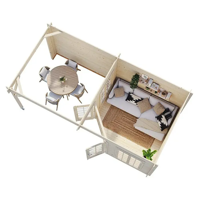 Palmako Caseta de jardín Melanie - Medidas ext. (An x Pr): 599 x 322 cm, Madera, Natural, 20 m² - Vista aérea de una caseta de jardín de madera con comedor y sala de estar, que ofrece una extensión de espacio exterior acogedora y elegante.