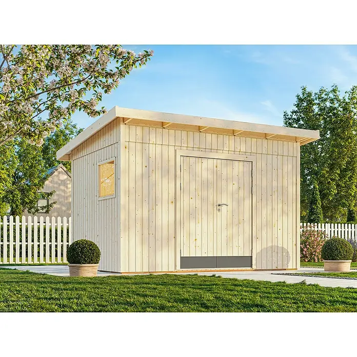 Palmako Caseta de jardín Stig - Medidas ext. (An x Pr): 394 x 305 cm, Madera, Natural - Caseta de jardín de madera clara con tejado a dos aguas, ventana y puerta. Ideal para herramientas.