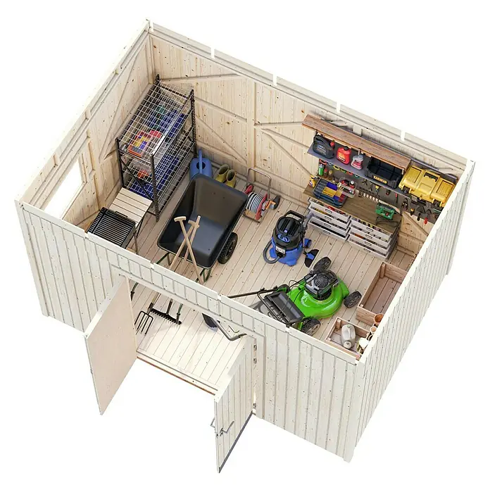Palmako Caseta de jardín Stig - Medidas ext. (An x Pr): 394 x 305 cm, Madera, Natural - Una caseta de jardín bien organizada con herramientas, equipo de jardinería y estantes para guardar cosas.