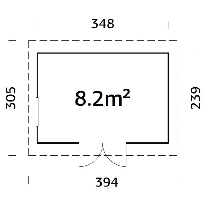 Palmako Caseta de jardín Stig - Medidas ext. (An x Pr): 394 x 305 cm, Madera, Natural - Plano de planta de una casa pequeña con una superficie de 8.2m² y dimensiones 348 x 239 x 305 x 394.