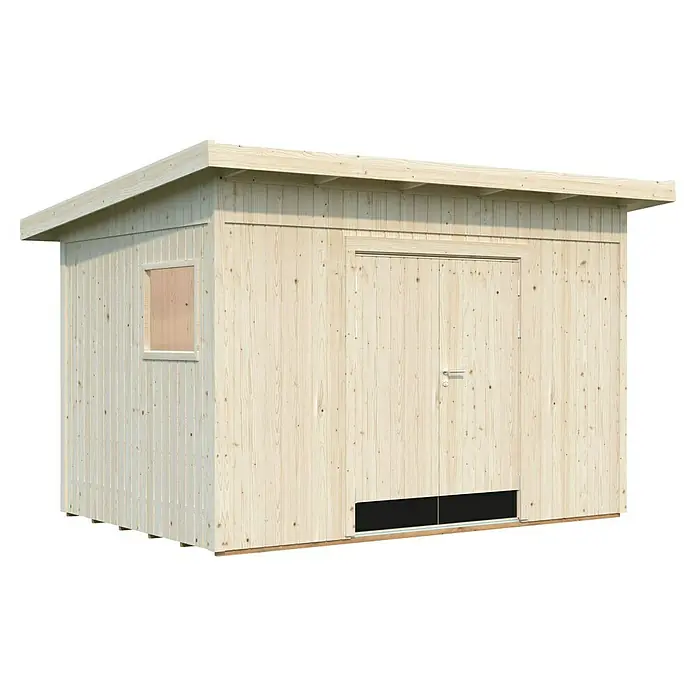 Palmako Caseta de jardín Stig - Medidas ext. (An x Pr): 394 x 305 cm, Madera, Natural - Un cobertizo de jardín de madera clara con una ventana y puertas dobles. La caseta tiene un techo plano y un acabado de madera natural.