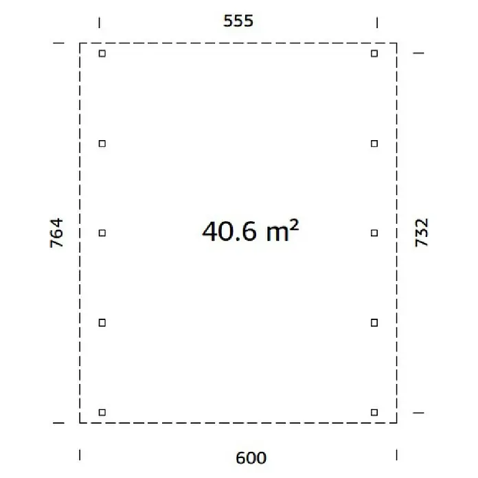 Palmako Carport Karl - Medidas ext. (An x Pr): 600 x 762 cm, Carport doble, Natural - Representación esquemática de un plano rectangular con dimensiones e indicación de área de 40.6 m².