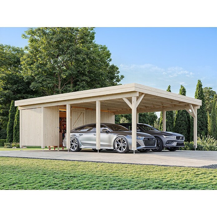 Palmako Carport doble con trastero Karl (Medidas ext. (An x Pr): 600 x 762 cm, Carport doble, Natural) | BAUHAUS