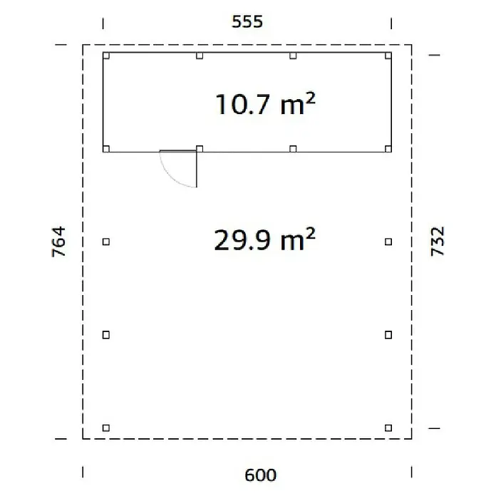 Palmako Carport con trastero Karl - Medidas ext. (An x Pr): 600 x 762 cm, Carport doble, Natural - Vista desde arriba de un plano de edificio con dimensiones y especificaciones de área de 10,7 m² y 29,9 m².