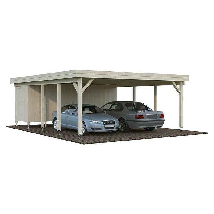 Palmako Carport doble con trastero Karl (Medidas ext. (An x Pr): 600 x 762 cm, Carport doble, Natural) | BAUHAUS