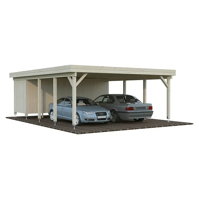 Palmako Carport con trastero Karl - Medidas ext. (An x Pr): 600 x 762 cm, Carport doble, Natural - Dos coches aparcados bajo un carport de madera con techo plano y pilares de soporte, situados sobre un terreno pavimentado.
