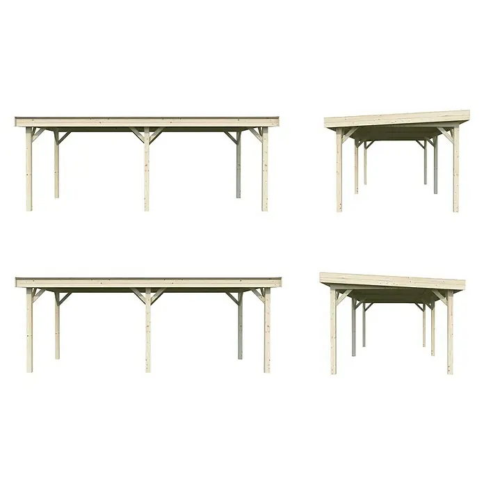 Palmako Pérgola estándar Lenna Set L - L x An: 628 x 340 cm, Madera, Natural - Diferentes vistas de la moderna cochera de madera, que proporciona refugio protegido para vehículos. La construcción es sencilla y funcional.